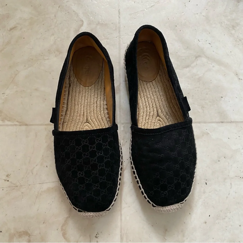 Gucci Micro Guccissima GG Monogram Black Suede Espadrilles Flats Size 6.5/36.5